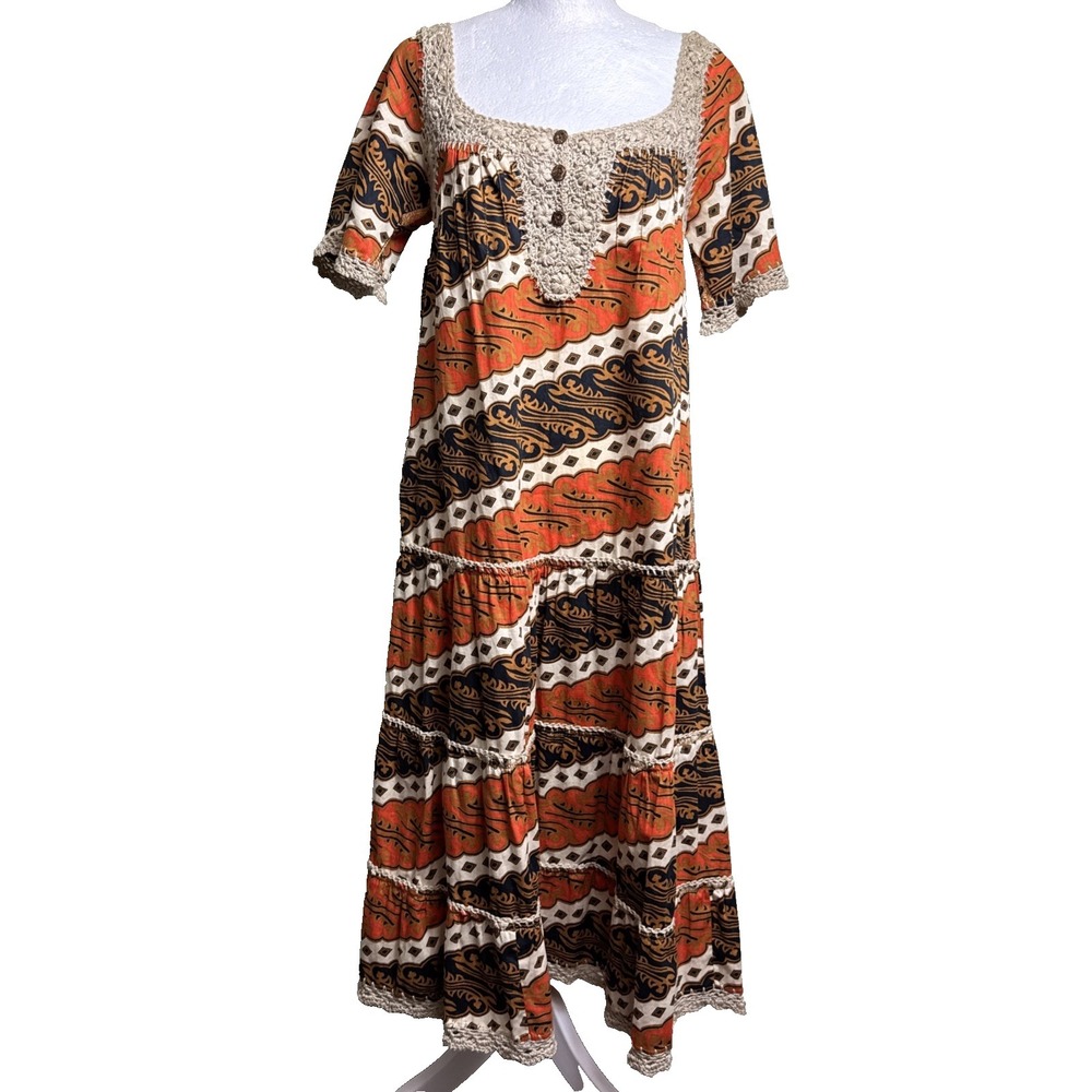 Vintage 70s Boho Batik Maxi Crochet Lace Yoke Prairie Peasant Earthy Orange